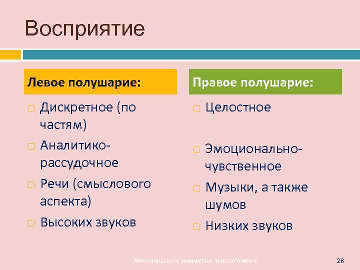 Восприятие Левое полушарие:     Правое полушарие: Дискретное (по   