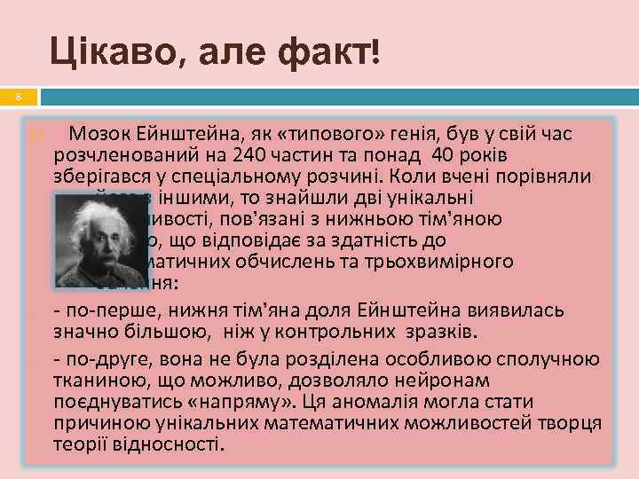   Цікаво, але факт! 8   Мозок Ейнштейна, як «типового» генія, був