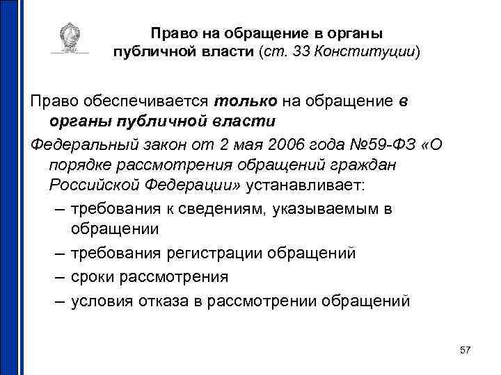    Право на обращение в органы   публичной власти (ст. 33