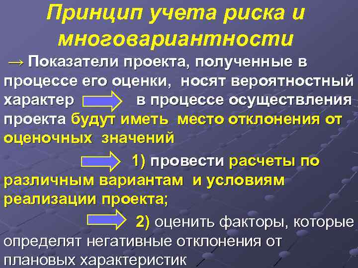  Принцип учета риска и  многовариантности → Показатели проекта, полученные в процессе его