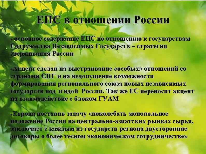   ЕПС в отношении России  основное содержание ЕПС по отношению к государствам