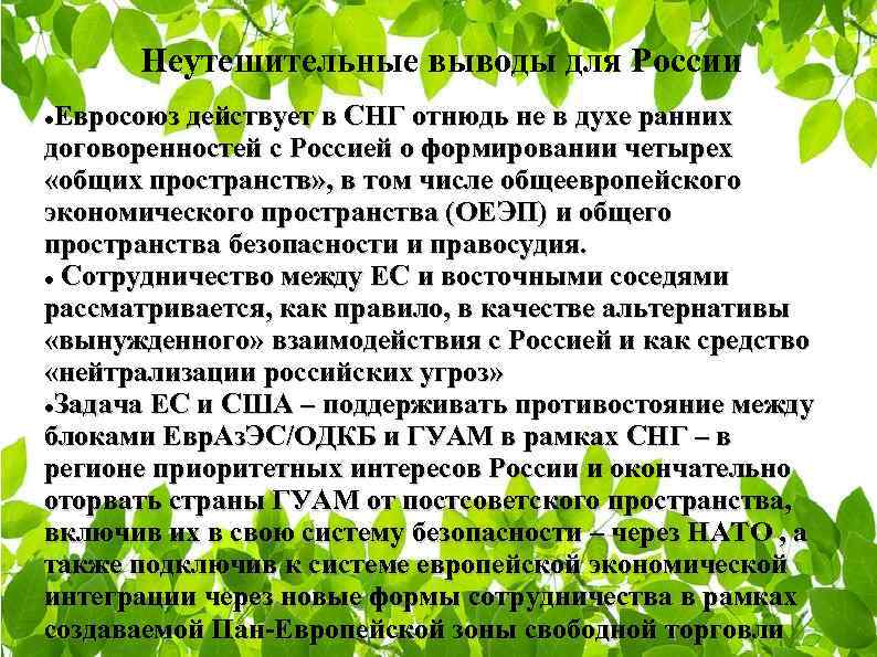  Неутешительные выводы для России Евросоюз действует в СНГ отнюдь не в духе ранних
