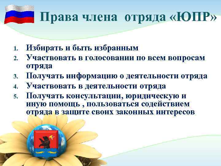   Права члена отряда «ЮПР»  1.  Избирать и быть избранным 2.