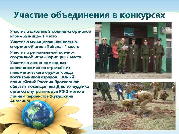  Участие объединения в конкурсах Участие в школьной военно-спортивной игре «Зарница» 1 место Участие