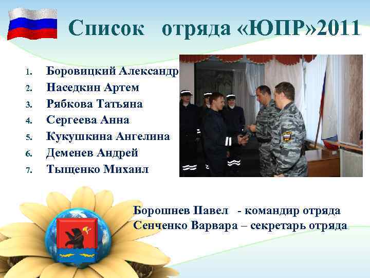   Список отряда «ЮПР» 2011 1.  Боровицкий Александр 2.  Наседкин Артем