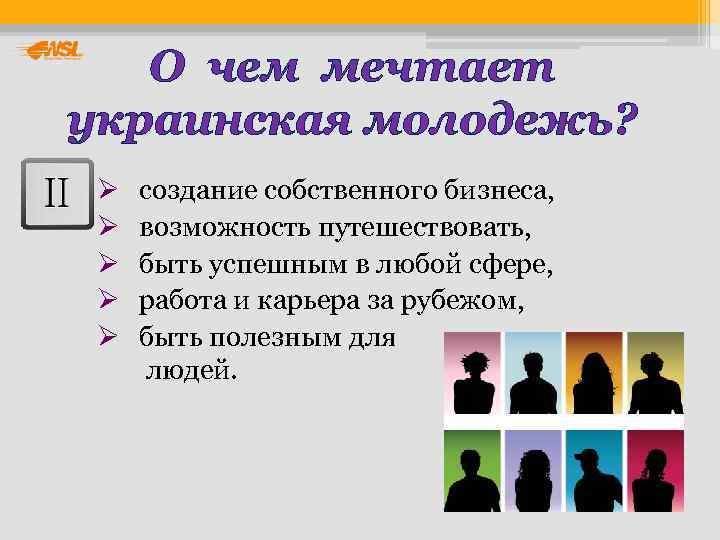   О чем мечтает украинская молодежь?  Ø  создание собственного бизнеса, 