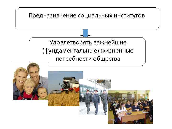 Предназначение социальных институтов   Удовлетворять важнейшие (фундаментальные) жизненные   потребности общества 