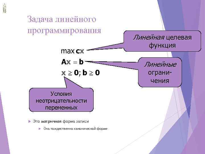 Задача линейного программирования     Линейная целевая     функция