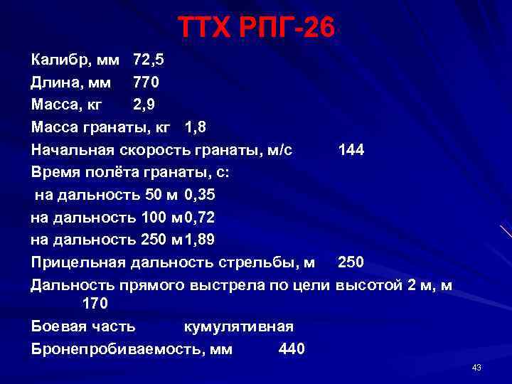     ТТХ РПГ 26 Калибр, мм 72, 5 Длина, мм 770