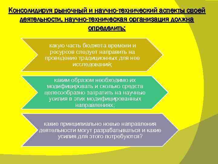 Консолидируя рыночный и научно-технический аспекты своей  деятельности, научно-техническая организация должна   
