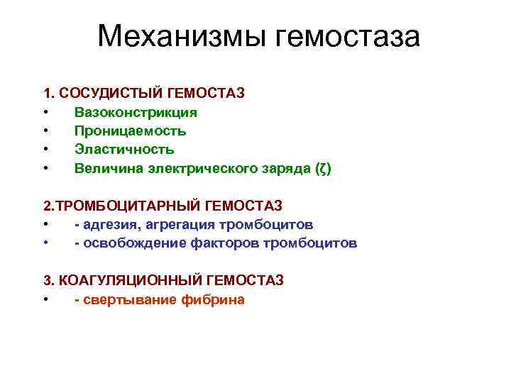 Механизмы гемостаза 1. СОСУДИСТЫЙ ГЕМОСТАЗ • Вазоконстрикция • Проницаемость • Механизмы гемостаза 1. СОСУДИСТЫЙ ГЕМОСТАЗ • Вазоконстрикция • Проницаемость •