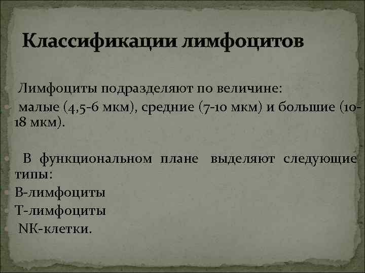 Классификации лимфоцитов Лимфоциты подразделяют по величине: малые (4, 5 -6 мкм), Классификации лимфоцитов Лимфоциты подразделяют по величине: малые (4, 5 -6 мкм),
