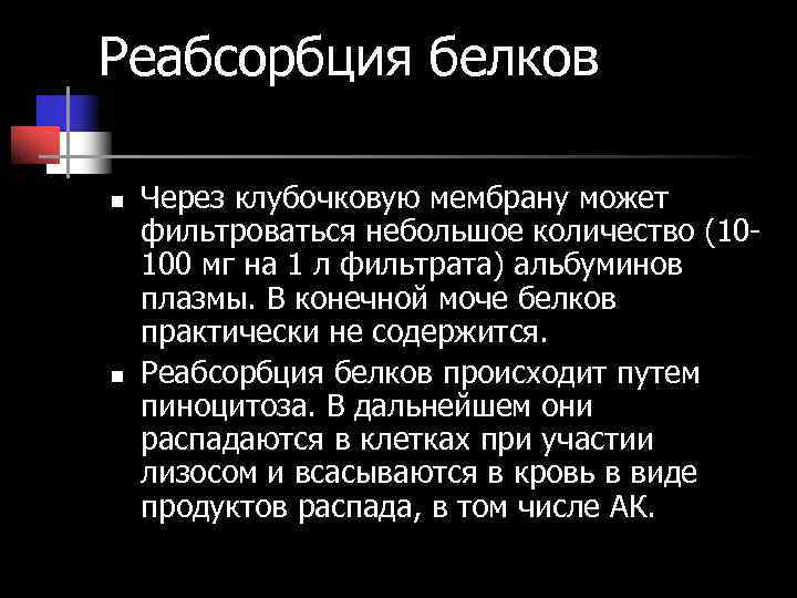 Реабсорбция белков n Через клубочковую мембрану может фильтроваться небольшое количество (10 - 100 Реабсорбция белков n Через клубочковую мембрану может фильтроваться небольшое количество (10 - 100