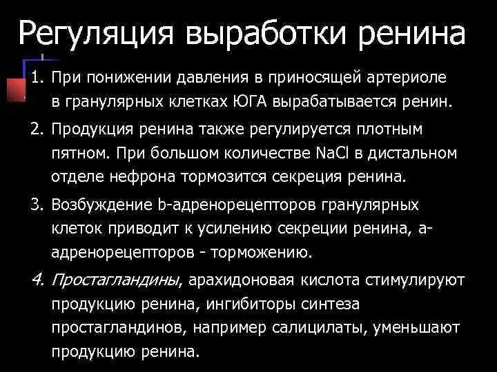 Регуляция выработки ренина 1. При понижении давления в приносящей артериоле в гранулярных клетках Регуляция выработки ренина 1. При понижении давления в приносящей артериоле в гранулярных клетках