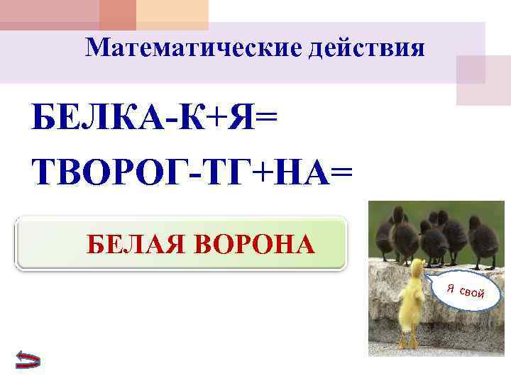  Математические действия БЕЛКА-К+Я= ТВОРОГ-ТГ+НА=  БЕЛАЯ ВОРОНА     Я свой