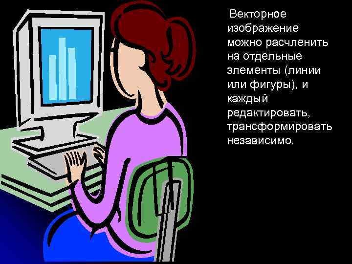 Векторное изображение можно расчленить на отдельные элементы (линии или фигуры), и каждый редактировать, трансформировать