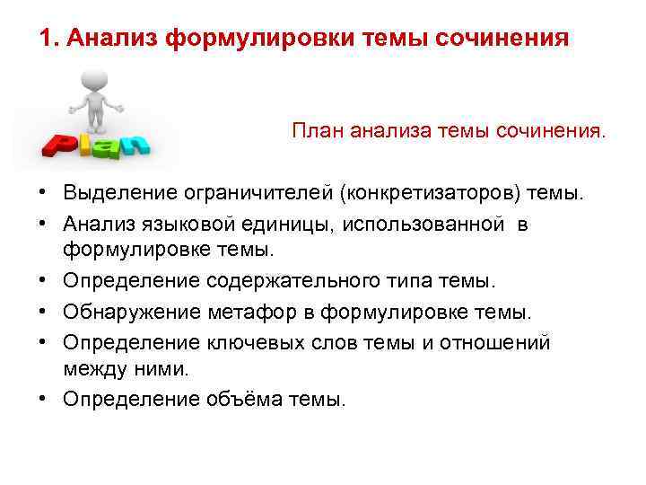 1. Анализ формулировки темы сочинения     План анализа темы сочинения. 