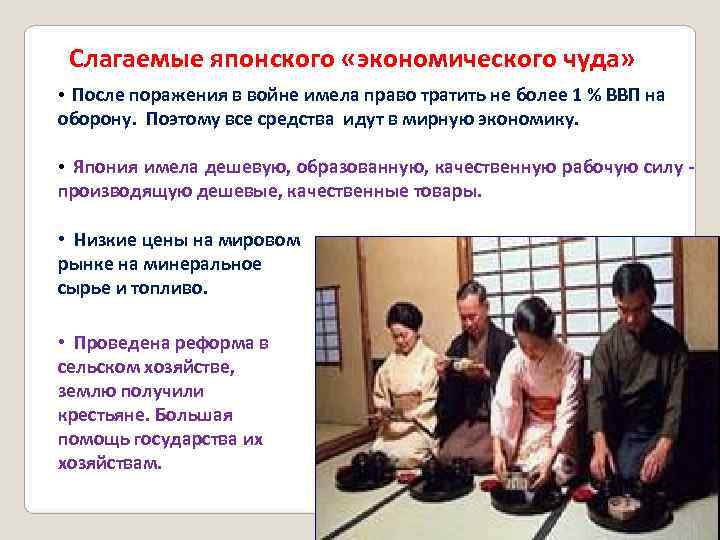  Слагаемые японского «экономического чуда»  • После поражения в войне имела право тратить