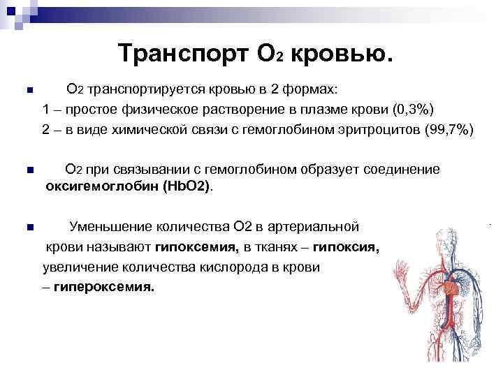    Транспорт О 2 кровью. n  О 2 транспортируется кровью в
