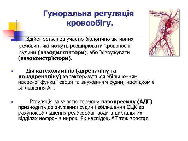    Гуморальна регуляція    кровообігу. n  Здійснюється за участю