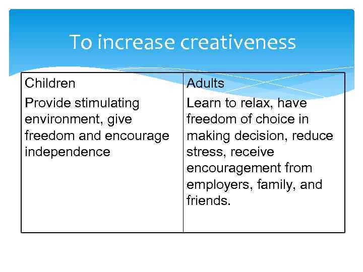  To increase creativeness Children    Adults Provide stimulating Learn to relax,