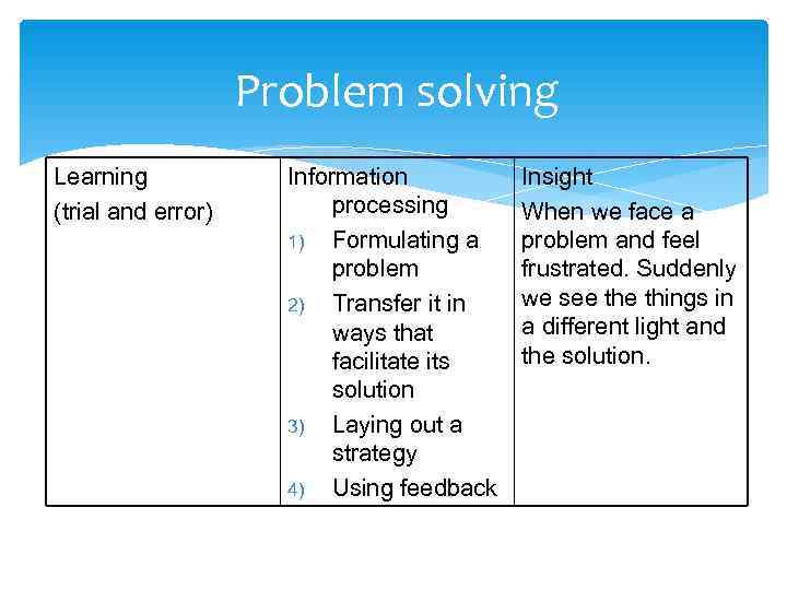     Problem solving Learning   Information  Insight (trial and