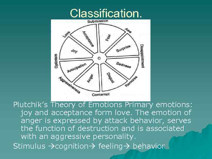    Classification. Plutchik’s Theory of Emotions Primary emotions:  joy and acceptance