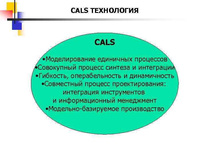 CALS ТЕХНОЛОГИЯ CALS • Моделирование единичных процессов • Совокупный процесс синтеза и интеграции •