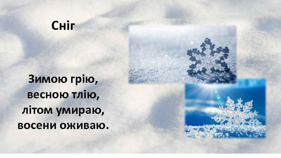  Сніг Зимою грію,  весною тлію,  літом умираю, восени оживаю. 