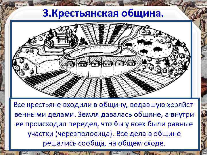   3. Крестьянская община. Все крестьяне входили в общину, ведавшую хозяйст- венными делами.