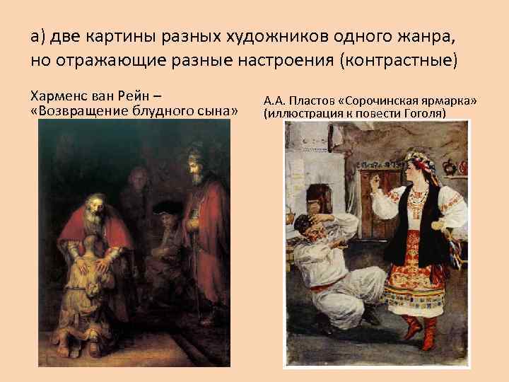 а) две картины разных художников одного жанра, но отражающие разные настроения (контрастные) Харменс ван