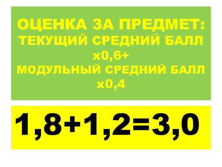 ОЦЕНКА ЗА ПРЕДМЕТ: ТЕКУЩИЙ СРЕДНИЙ БАЛЛ   х0, 6+ МОДУЛЬНЫЙ СРЕДНИЙ БАЛЛ 