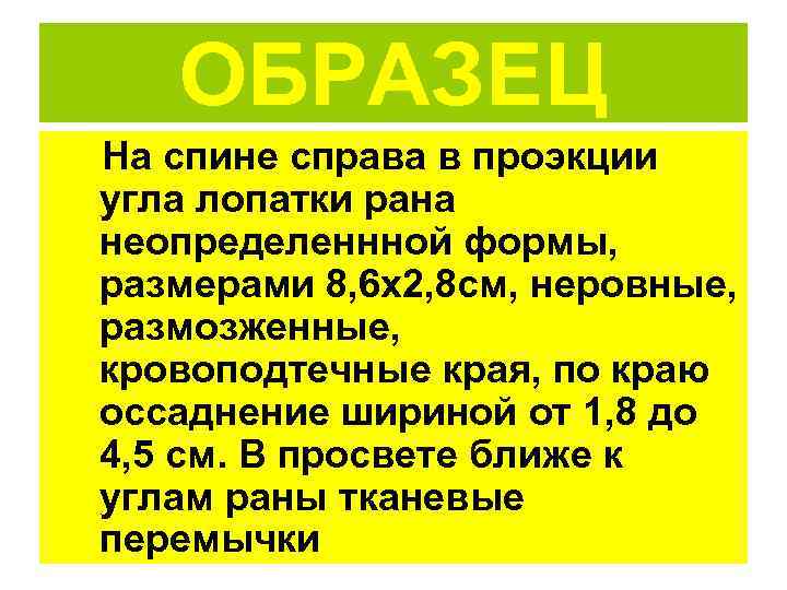   ОБРАЗЕЦ На спине справа в проэкции угла лопатки рана неопределеннной формы, размерами