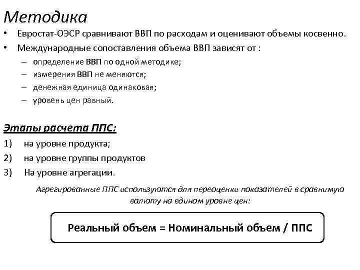 Методика • Евростат-ОЭСР сравнивают ВВП по расходам и оценивают объемы косвенно.  • Международные