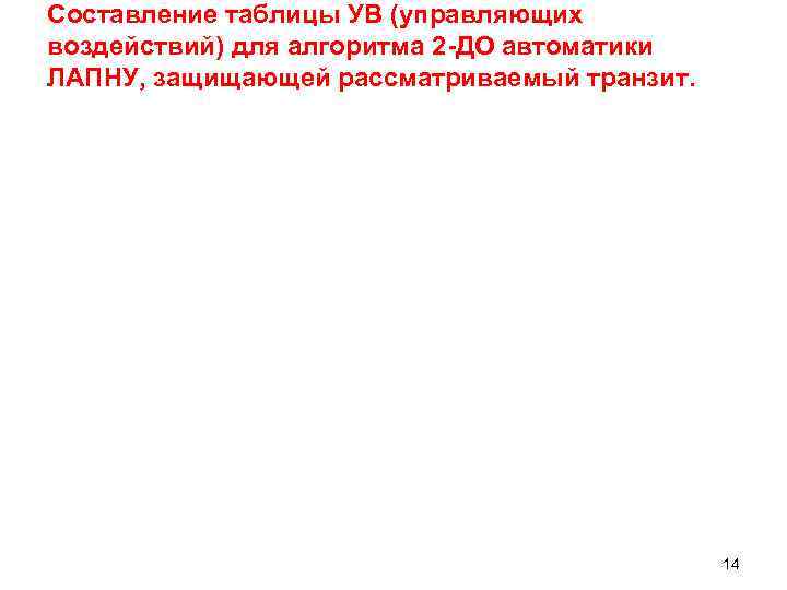Составление таблицы УВ (управляющих воздействий) для алгоритма 2 -ДО автоматики ЛАПНУ, защищающей рассматриваемый транзит.
