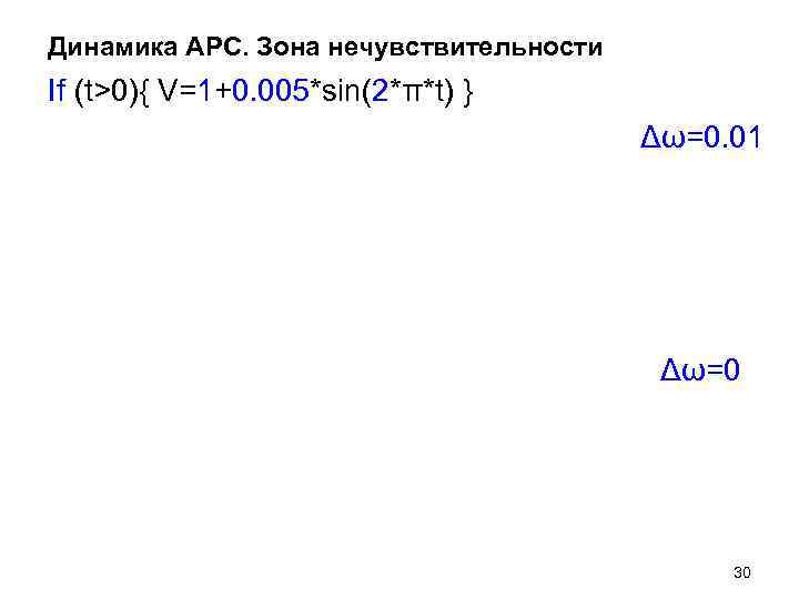Динамика АРС. Зона нечувствительности If (t>0){ V=1+0. 005*sin(2*π*t) } Динамика АРС. Зона нечувствительности If (t>0){ V=1+0. 005*sin(2*π*t) }