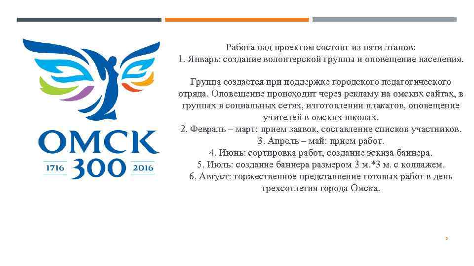   Работа над проектом состоит из пяти этапов: 1. Январь: создание волонтерской группы