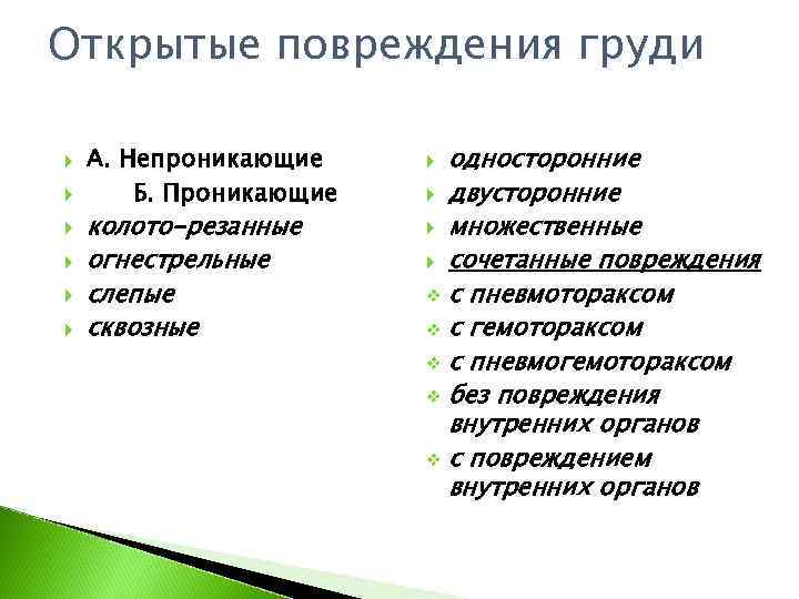 Открытые повреждения груди А. Непроникающие  односторонние   Б. Проникающие двусторонние колото-резанные 