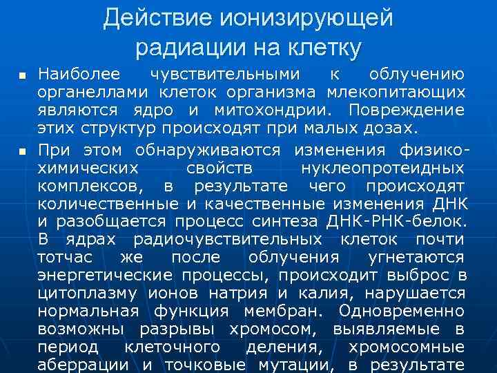   Действие ионизирующей   радиации на клетку n  Наиболее чувствительными 