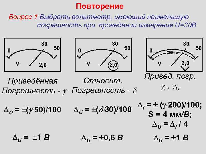      Повторение Вопрос 1 Выбрать вольтметр, имеющий наименьшую  