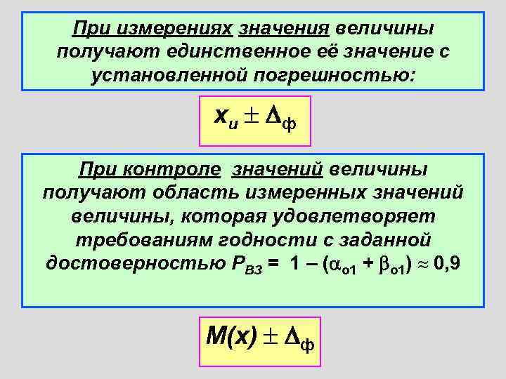  При измерениях значения величины получают единственное её значение с установленной погрешностью:  