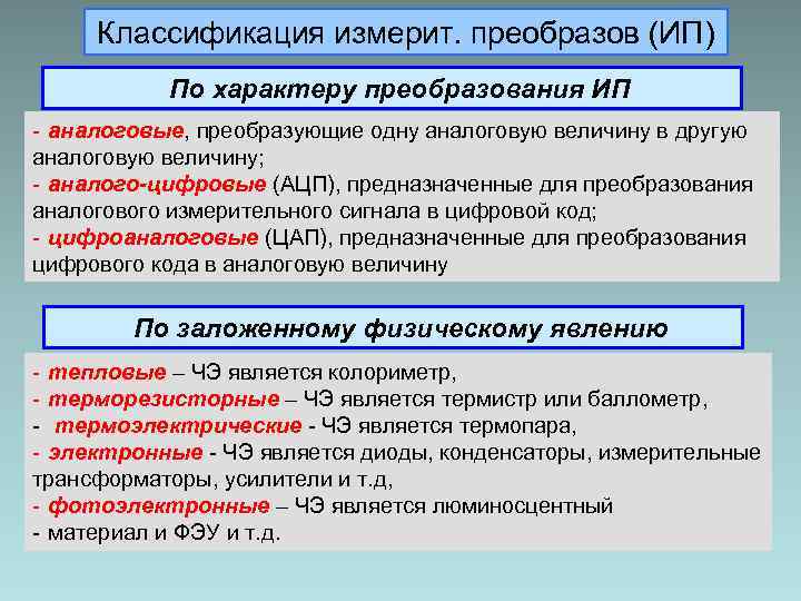  Классификация измерит. преобразов (ИП)  По характеру преобразования ИП - аналоговые, преобразующие одну