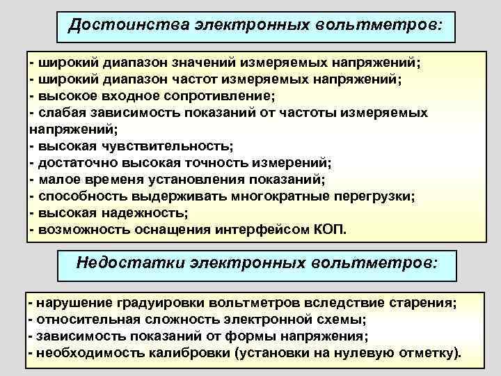  Достоинства электронных вольтметров:  - широкий диапазон значений измеряемых напряжений; - широкий диапазон