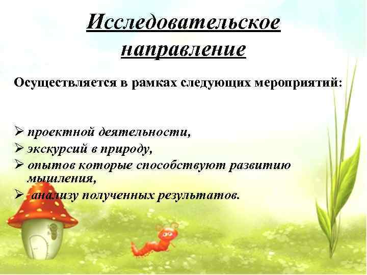    Исследовательское   направление Осуществляется в рамках следующих мероприятий:  Ø