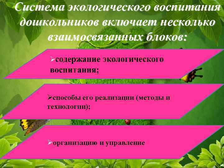 Система экологического воспитания дошкольников включает несколько взаимосвязанных блоков:   Øспособы его реализации (методы