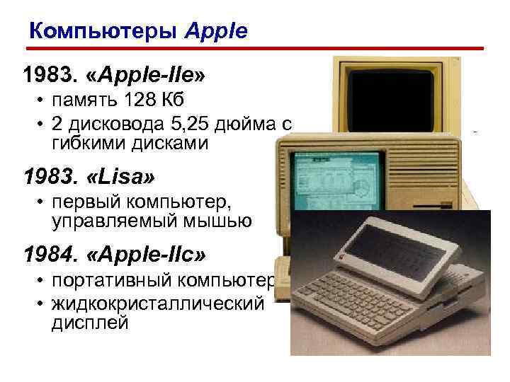 Компьютеры Apple 1983. «Apple-IIe» • память 128 Кб • 2 дисковода Компьютеры Apple 1983. «Apple-IIe» • память 128 Кб • 2 дисковода