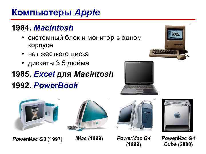 Компьютеры Apple 1984. Macintosh • системный блок и монитор в одном корпусе • нет Компьютеры Apple 1984. Macintosh • системный блок и монитор в одном корпусе • нет