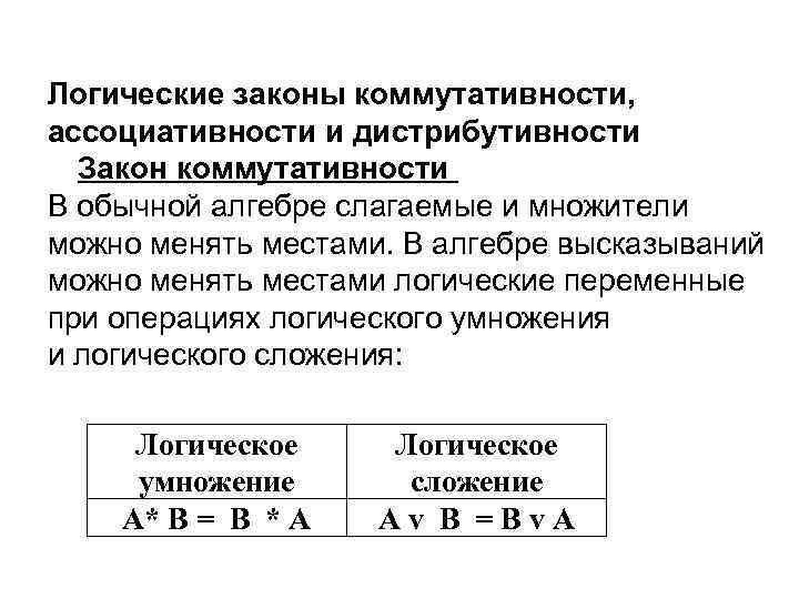 Логические законы коммутативности, ассоциативности и дистрибутивности  Закон коммутативности В обычной алгебре слагаемые и