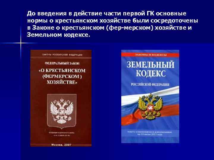 До введения в действие части первой ГК основные нормы о крестьянском хозяйстве были сосредоточены