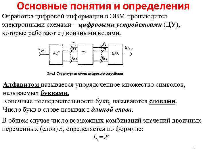   Основные понятия и определения Обработка цифровой информации в ЭВМ производится электронными схемами—цифровыми